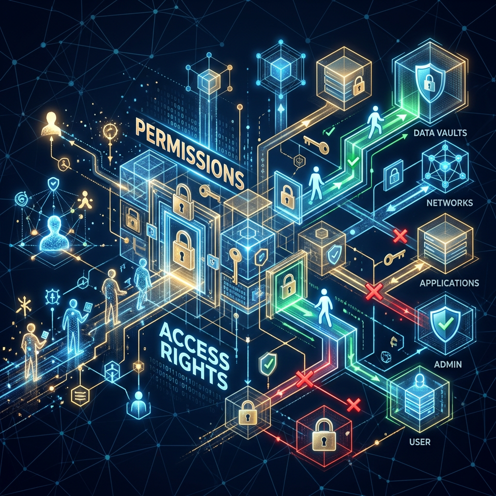 Cybersecurity diagram labeled PERMISSIONS, ACCESS RIGHTS, DATA VAULTS, NETWORKS, APPLICATIONS, ADMIN, and USER