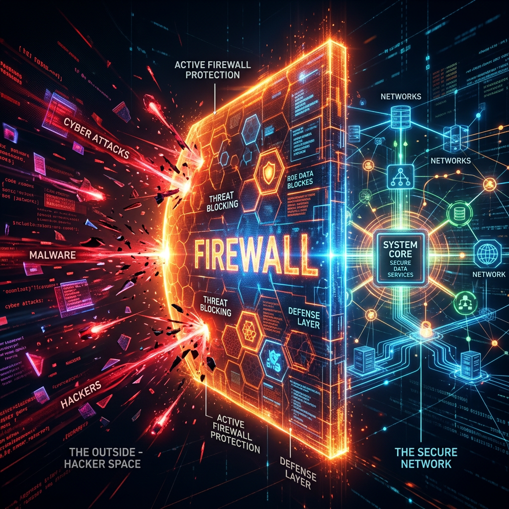 Firewall blocking cyberattacks between hacker space and secure network; labels include FIREWALL and SYSTEM CORE.